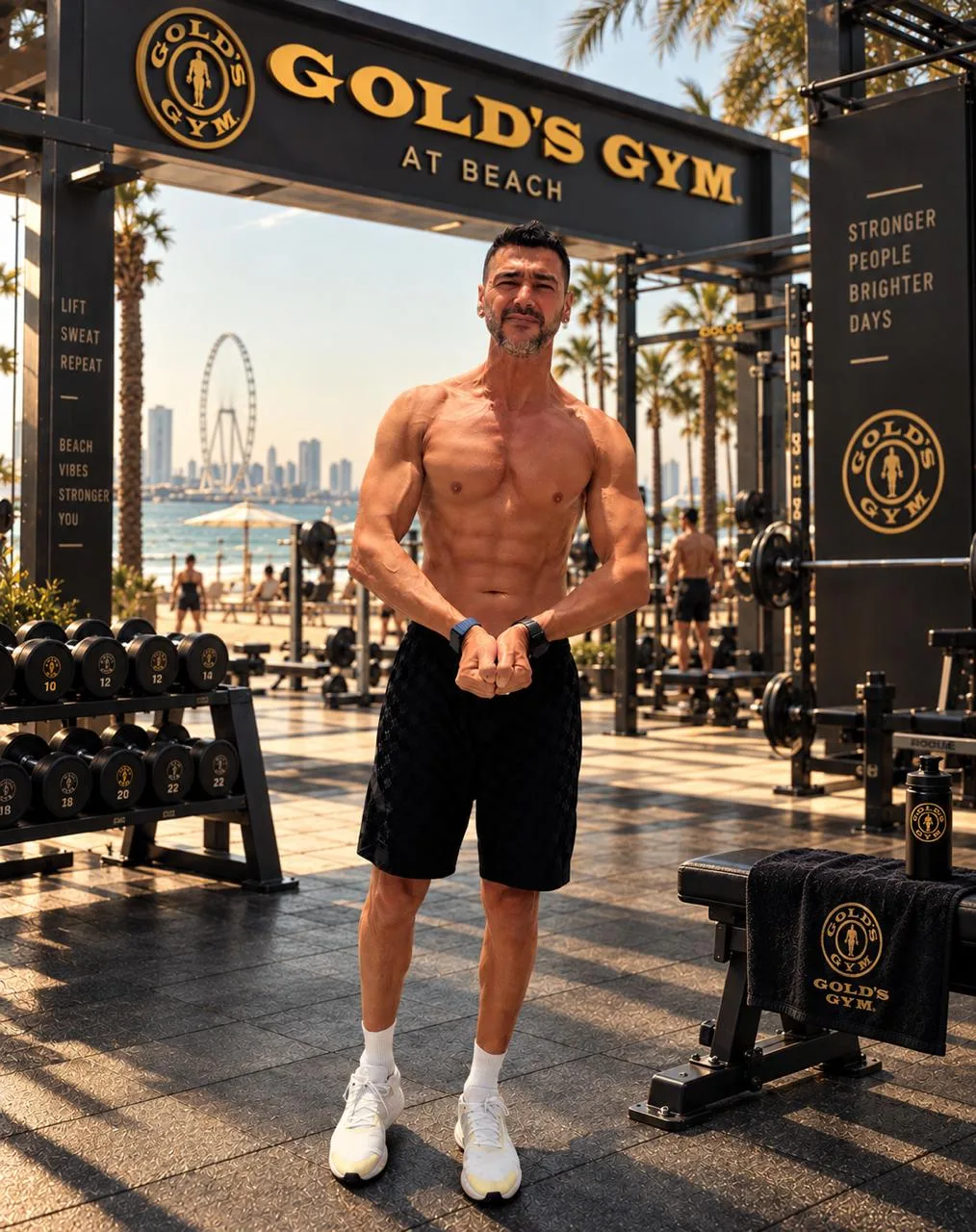 Promotional portrait of Ramin at a beach gym; no venue partnership is implied